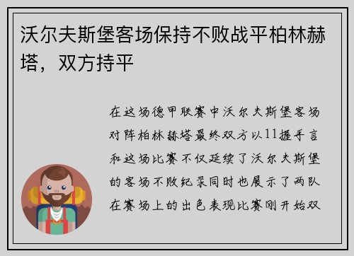 沃尔夫斯堡客场保持不败战平柏林赫塔，双方持平